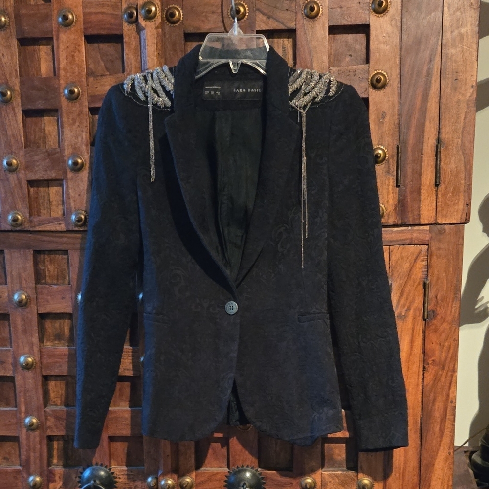 Zara Basic Black Embellished Shoulder Blazer - image 1